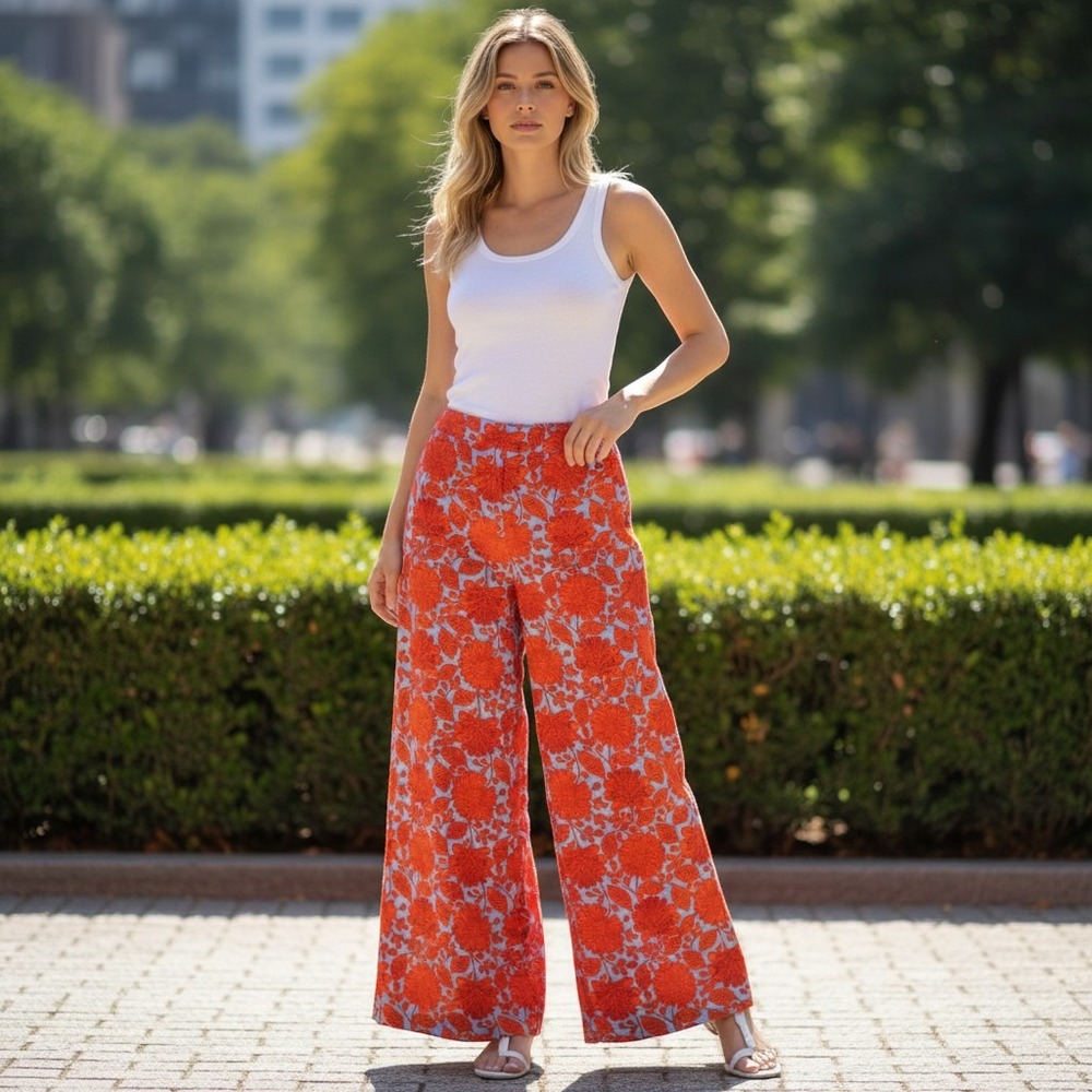 Philosophy Republic Clothing Floral Linen Blend Wide Leg Pants Orange Blue Small
